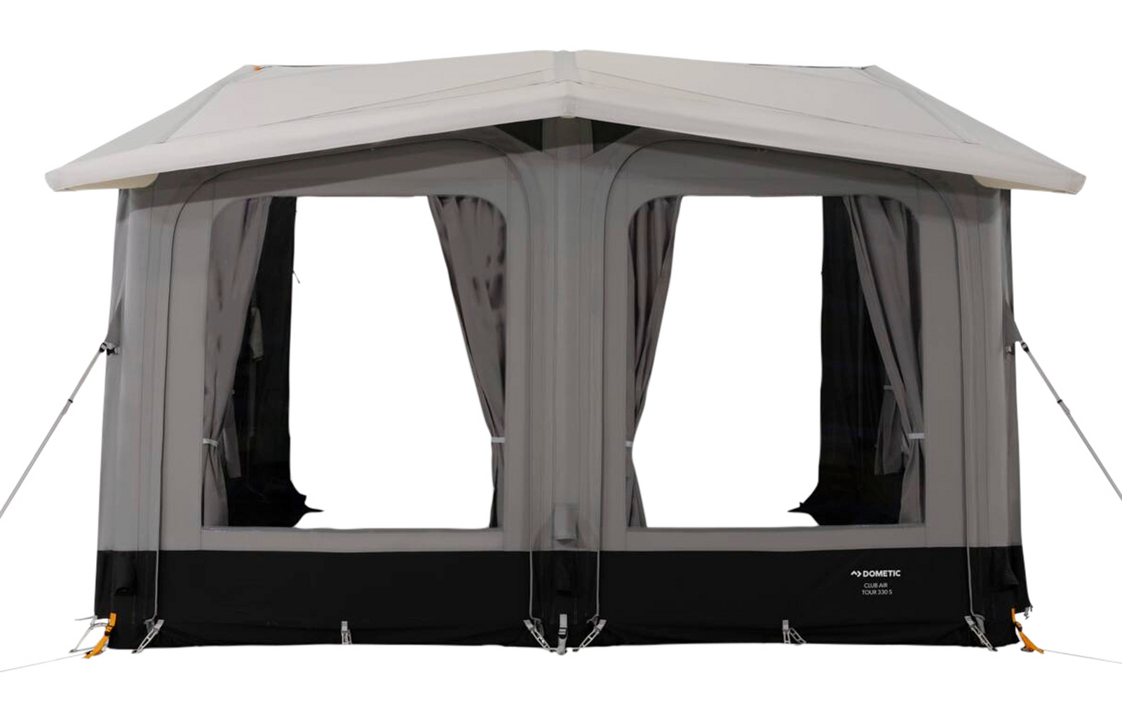 Tienda gris autoportante con techo a dos aguas, dos grandes ventanas frontales con cortinas recogidas, faldón inferior negro y tensores