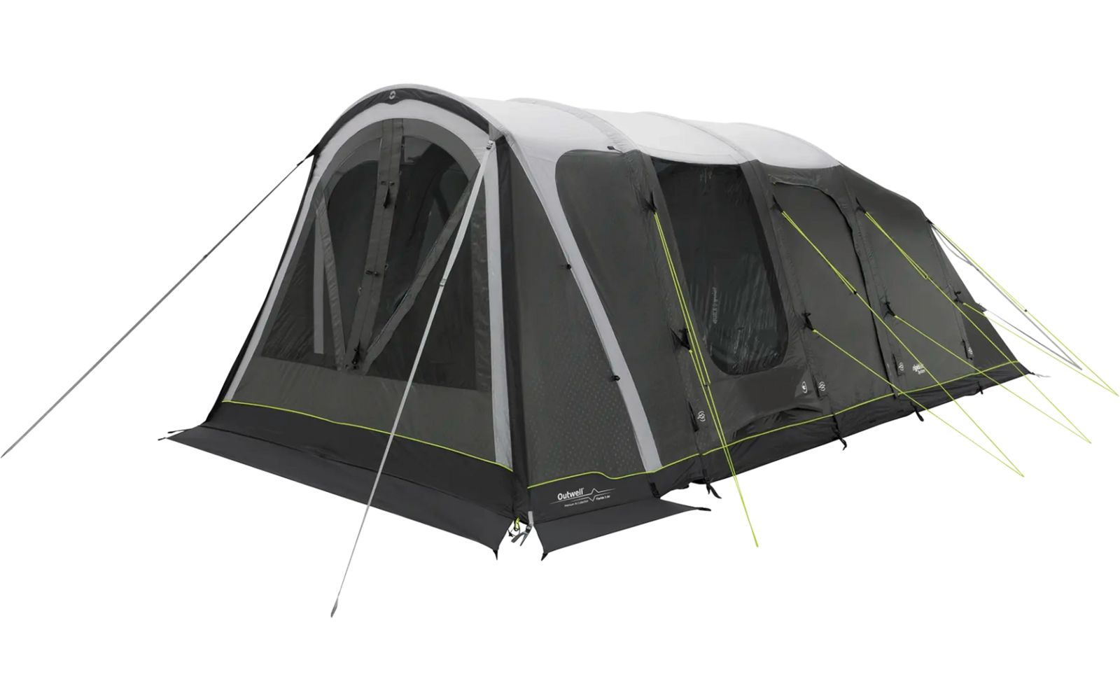 Großes graues Familienzelt mit mehreren Fenstern und Abspannleinen
