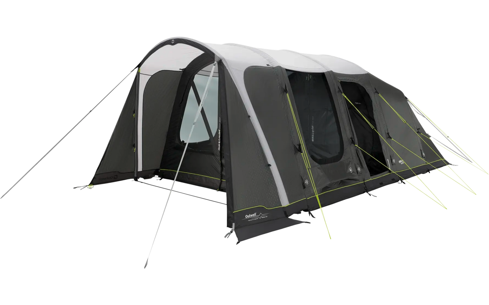 Zelt mit mehreren Kammern in Grautönen und gelben Abspannleinen