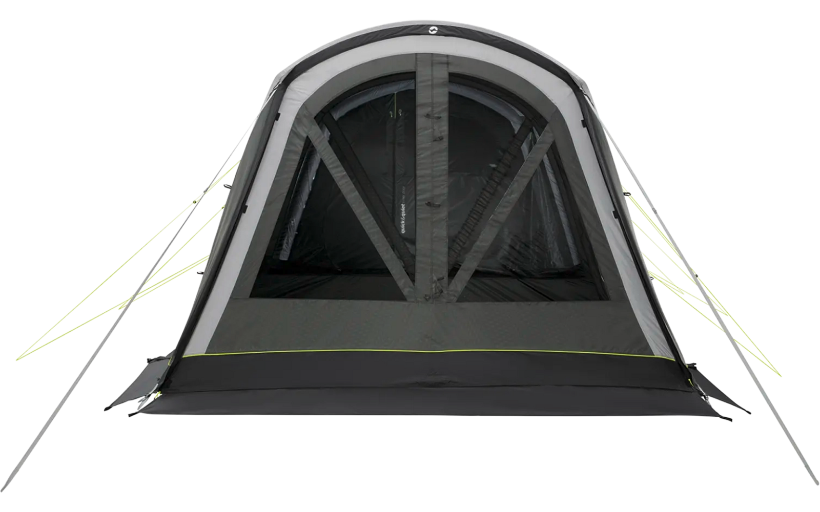 Ein großes graues Campingzelt mit zwei geöffneten Dreieckfenstern und grünen Abspannleinen