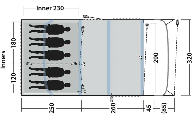 Diagramm eines Planquadrats mit sechs menschlichen Silhouetten links und Maßangaben in Millimetern