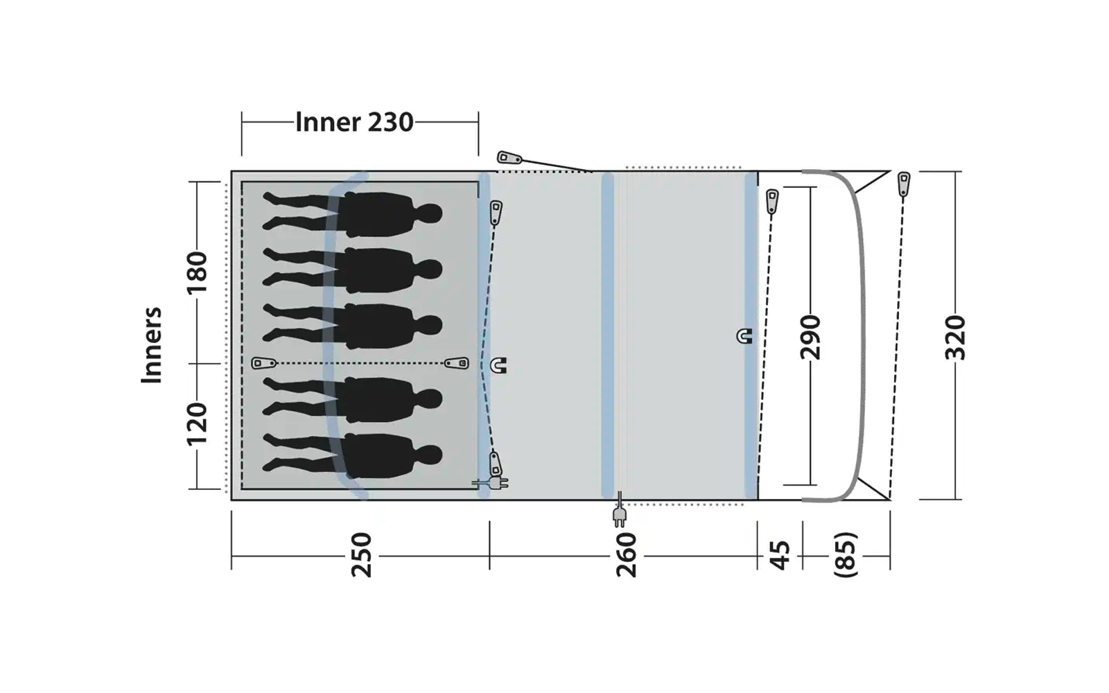 Diagramm eines Planquadrats mit sechs menschlichen Silhouetten links und Maßangaben in Millimetern