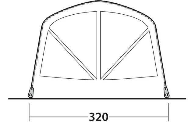 Schwarz-weiß Zeichnung eines halbkreisförmigen Zelts mit drei rechteckigen Segmenten und Maßen darunter