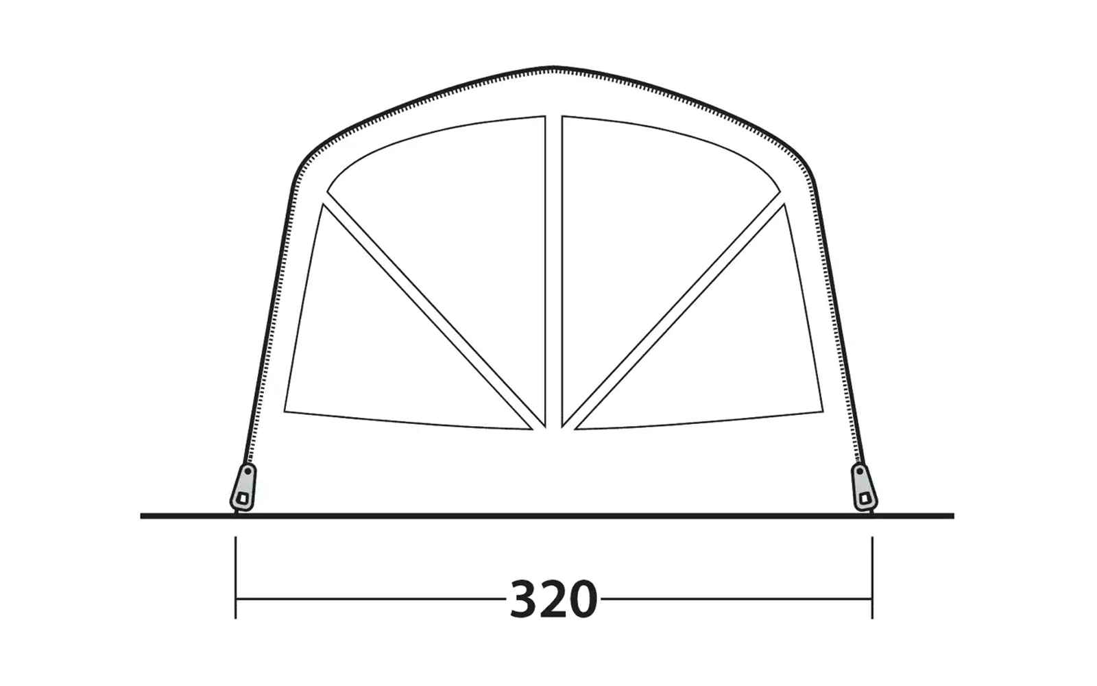 Schwarz-weiß Zeichnung eines halbkreisförmigen Zelts mit drei rechteckigen Segmenten und Maßen darunter