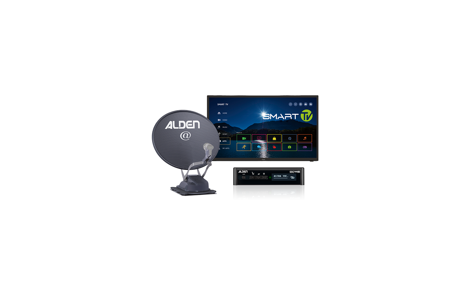Gray satellite dish with white "ALDEN" and "@" text, two black receiver units with displays, right a flat-screen TV showing "SMART TV" and colorful app icons