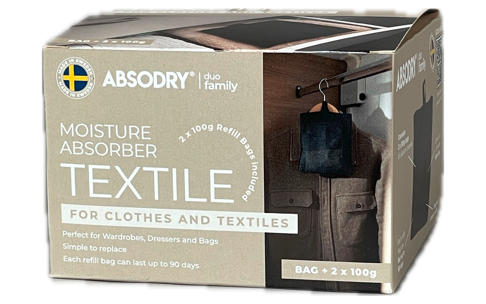 Verpackung eines Feuchtigkeitsabsorbers für Kleidung und Textilien mit schwedischer Flagge