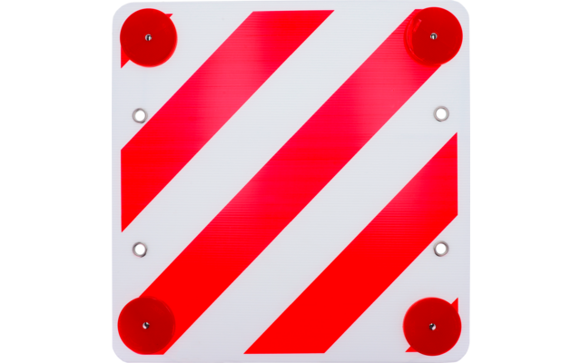 Square white panel with diagonal red stripes and four round red reflectors at the corners