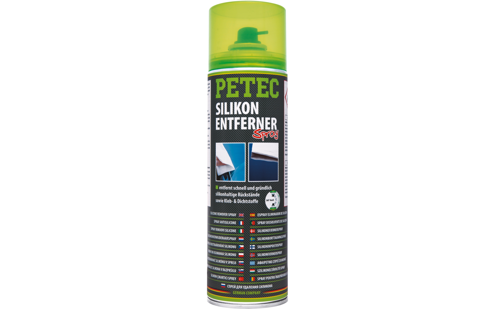 Grün-gelbe Spraydose mit grünem Deckel, schwarzem Etikett und weißer/grüner Aufschrift 'PETEC SILIKON ENTFERNER Spray', Sprühdüse oben sichtbar