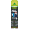 Grün-gelbe Spraydose mit grünem Deckel, schwarzem Etikett und weißer/grüner Aufschrift 'PETEC SILIKON ENTFERNER Spray', Sprühdüse oben sichtbar