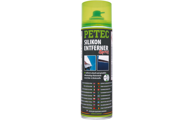 Grün-gelbe Spraydose mit grünem Deckel, schwarzem Etikett und weißer/grüner Aufschrift 'PETEC SILIKON ENTFERNER Spray', Sprühdüse oben sichtbar