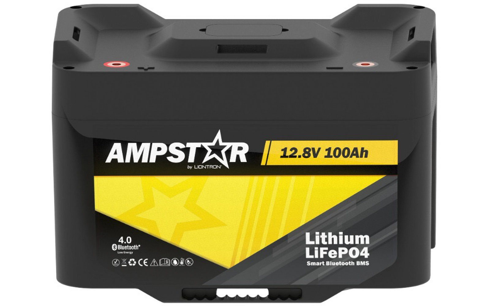 Schwarzes rechteckiges Gerät mit gelbem Etikett mit den Aufschriften AMPSTAR, 12.8V 100Ah und Lithium LiFePO4