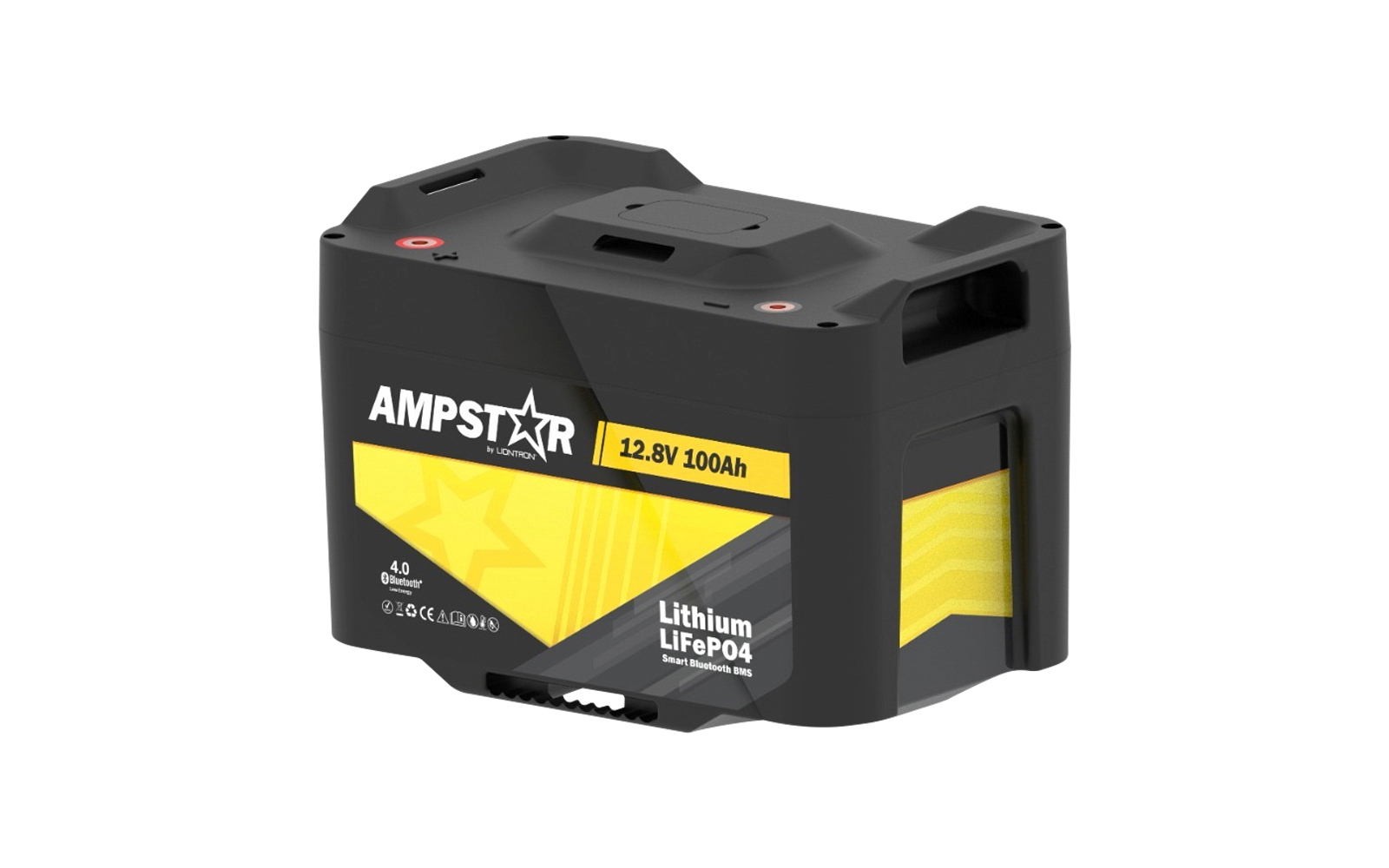 Schwarzes rechteckiges Gerät mit gelber Banderole, Aufdruck ‚AMPSTAR‘, ‚12.8V 100Ah‘ und ‚Lithium LiFePO4‘, sichtbare Tragegriffe