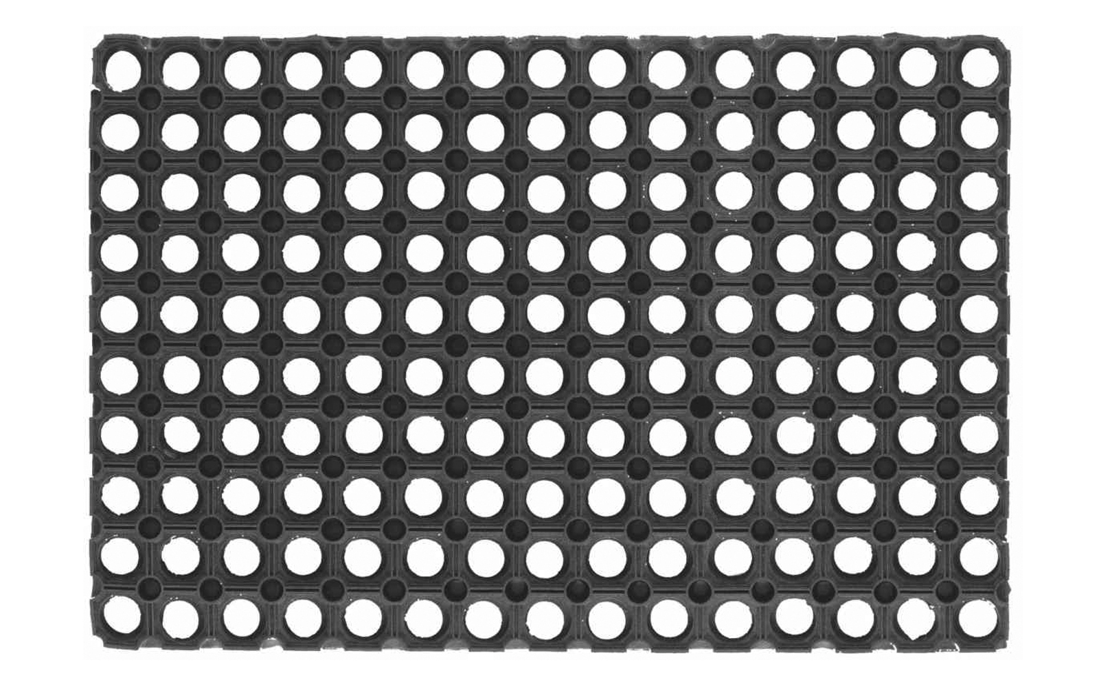 Rechteckige schwarze Matte mit gleichmäßig angeordneten runden Löchern in Reihen und Spalten, abgerundete Ecken
