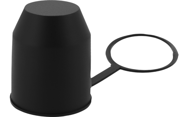 Schwarzes zylindrisches Objekt mit abgeflachtem Oberteil; an einem kurzen Steg ein runder flacher Ring