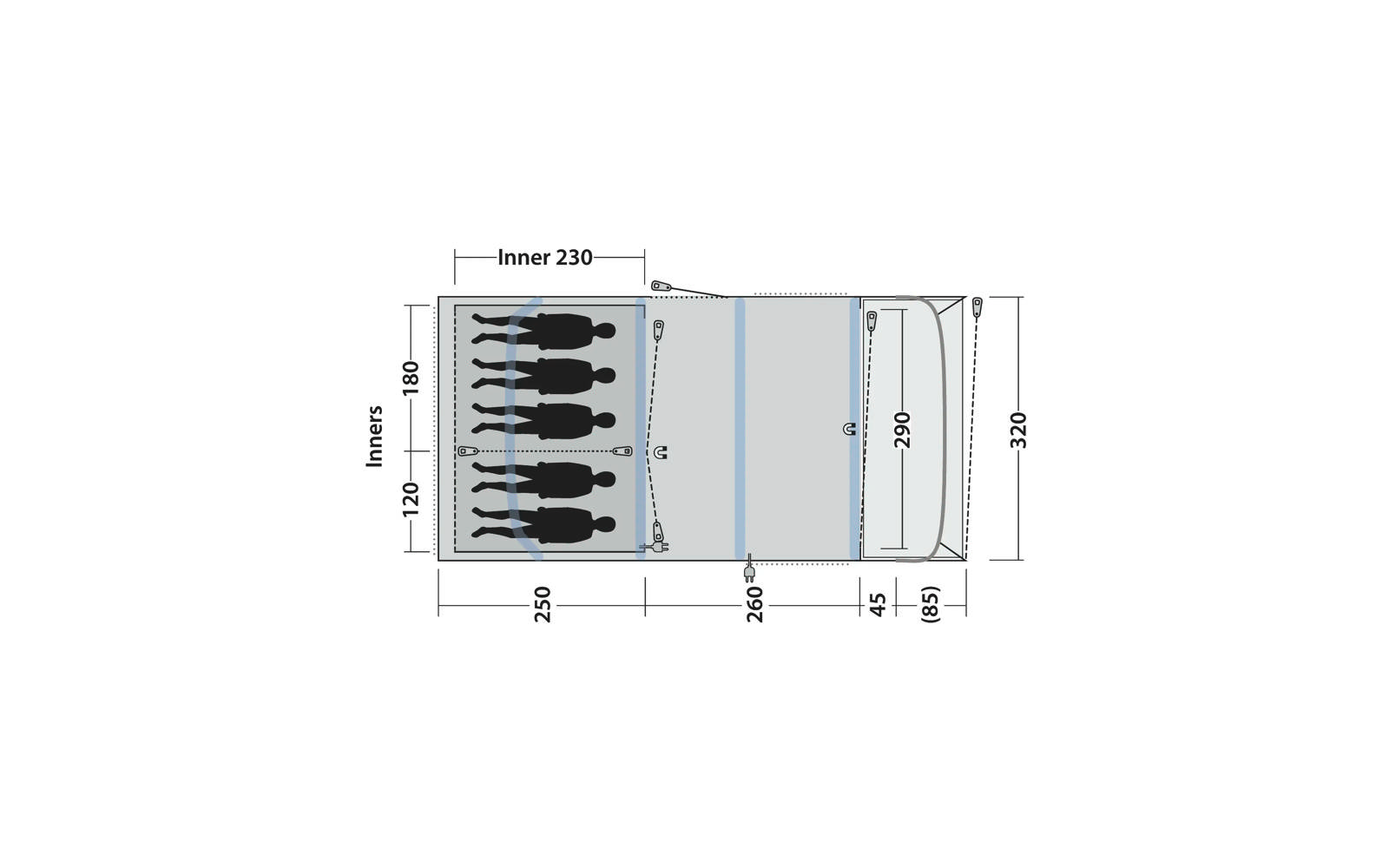 Schematische Draufsicht mit Fahrzeugvorderseite rechts, rechteckiger Innenraum, Maßangaben (mm), fünf schwarze Menschensilhouetten nebeneinander im hinteren linken Bereich