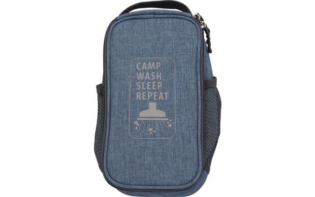 Sac bleu-gris avec fermeture éclair et impression blanche, dimensions 24,5 cm x 12 cm x 5,5 cm