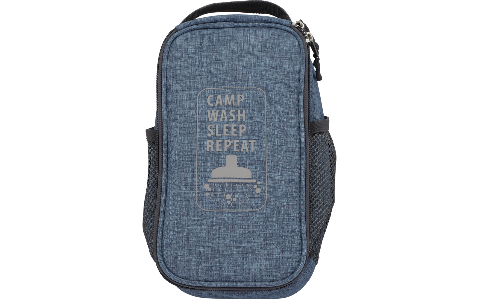 Sac bleu-gris avec fermeture éclair et impression blanche, dimensions 24,5 cm x 12 cm x 5,5 cm