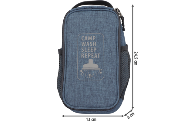 Sac bleu-gris avec fermeture éclair et impression blanche, dimensions 24,5 cm x 12 cm x 5,5 cm