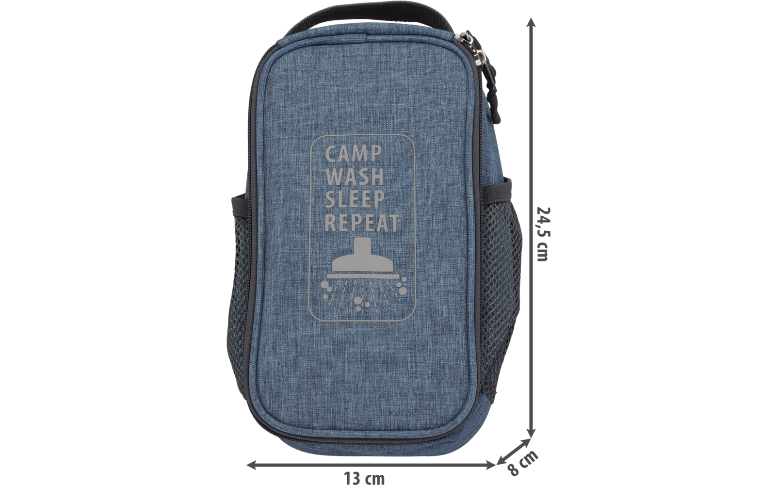 Sac bleu-gris avec fermeture éclair et impression blanche, dimensions 24,5 cm x 12 cm x 5,5 cm
