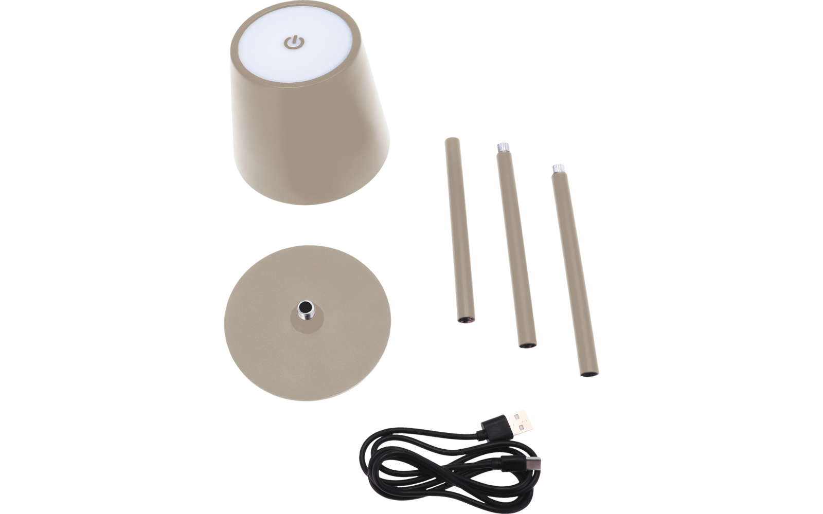 Konisches Gerät mit Power-Symbol oben, runder Sockel mit Zapfen, drei dünne Stäbe, USB-Kabel mit USB-A-Stecker