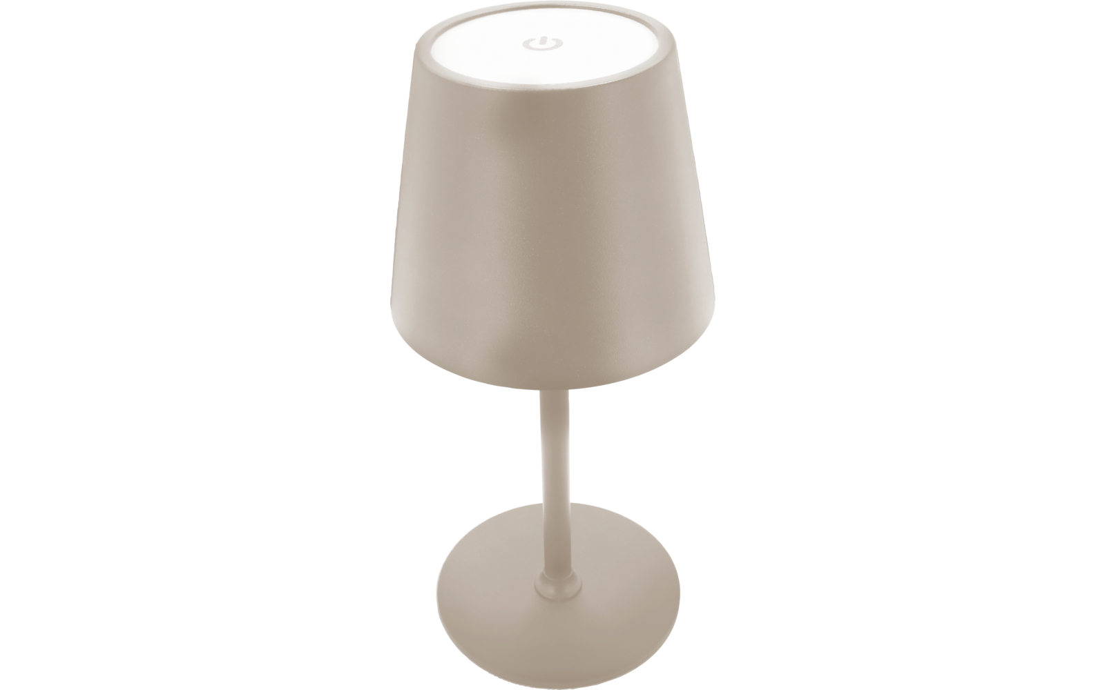 Beige Tischlampe mit rundem Lampenschirm, schlankem Ständer, rundem Sockel und Ein-/Aussymbol oben auf dem Schirm