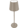 Beige Stehlampe mit konischem Lampenschirm, dünnem Stab und runder Basis, weiße Oberseite mit Ein-/Aus-Symbol
