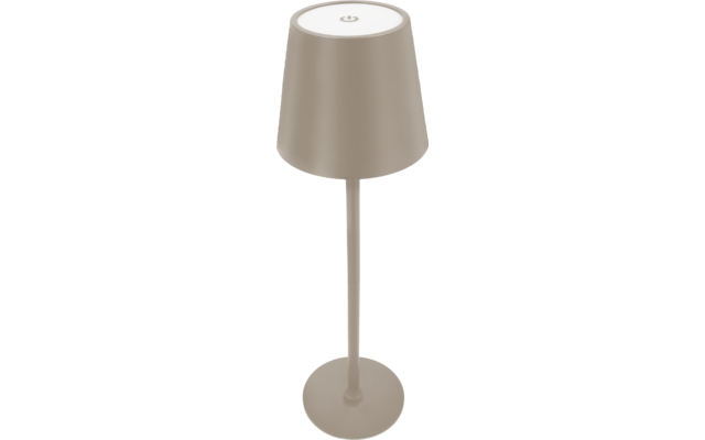 Beige Stehlampe mit konischem Lampenschirm, dünnem Stab und runder Basis, weiße Oberseite mit Ein-/Aus-Symbol