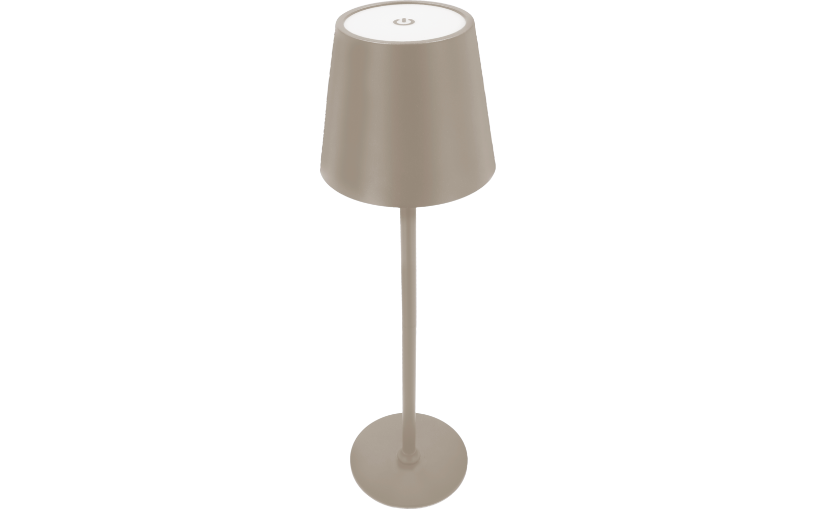 Beige Stehlampe mit konischem Lampenschirm, dünnem Stab und runder Basis, weiße Oberseite mit Ein-/Aus-Symbol