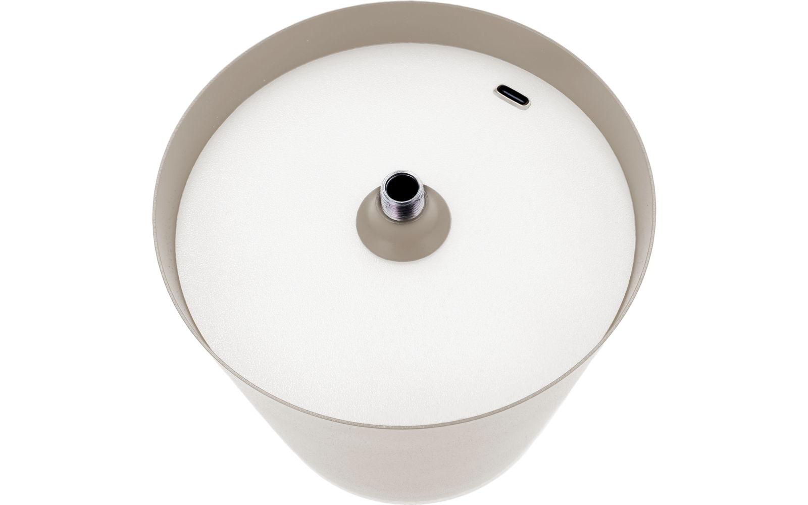 Unteransicht eines runden hellbeigen Lampenschirms mit weißer Diffusorfläche, mittiger Metallfassung und kleinem rechteckigen Schlitz am Rand