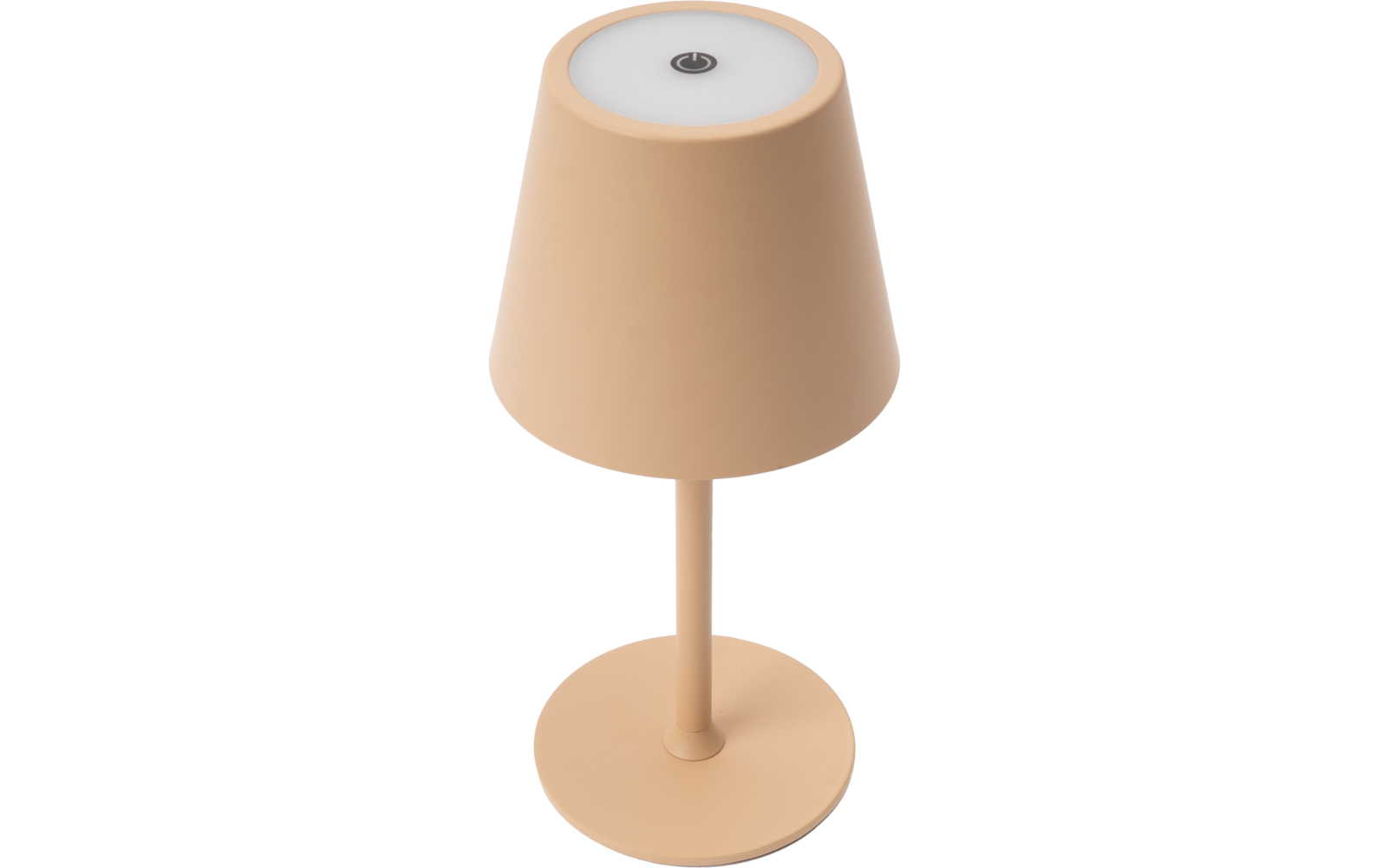 Lampe de table beige avec abat-jour conique, tige cylindrique, base ronde et bouton circulaire avec symbole marche/arrêt sur le dessus