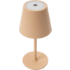 Lampe de table beige avec abat-jour conique, tige cylindrique, base ronde et bouton circulaire avec symbole marche/arrêt sur le dessus