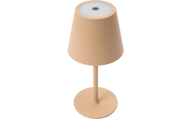 Lampe de table beige avec abat-jour conique, tige cylindrique, base ronde et bouton circulaire avec symbole marche/arrêt sur le dessus