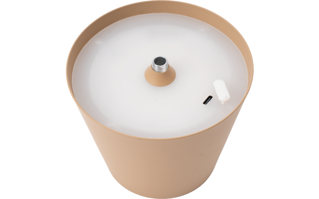 Coupe métallique ronde beige à intérieur blanc, insert fileté métallique central, petit élément plastique blanc et ouverture noire étroite