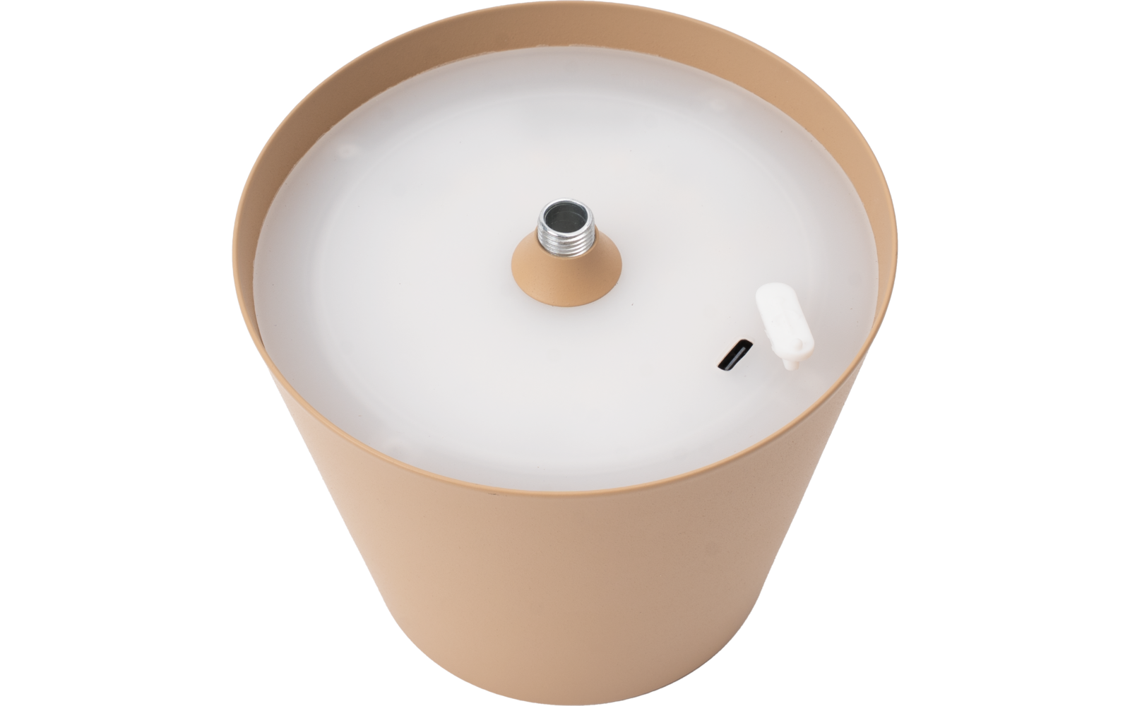 Coupe métallique ronde beige à intérieur blanc, insert fileté métallique central, petit élément plastique blanc et ouverture noire étroite