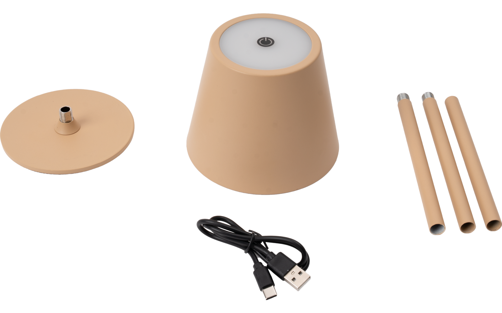 Plaque de base ronde avec tige centrale, corps conique à sommet blanc, trois tiges cylindriques et un câble USB avec deux connecteurs différents