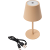 Small beige table lamp with round shade, white light surface and small round button on top; beside it two black cables with USB‑A and USB‑C connectors