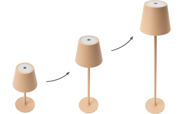 Trois lampes beiges de hauteurs différentes côte à côte, des flèches indiquent de la plus petite à la plus grande
