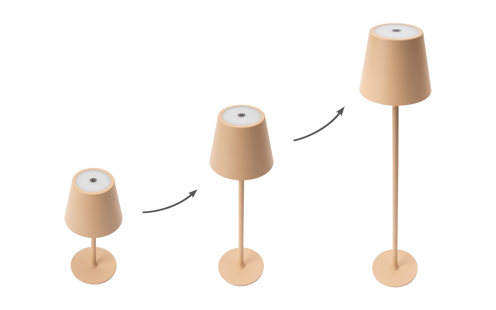 Trois lampes beiges de hauteurs différentes côte à côte, des flèches indiquent de la plus petite à la plus grande