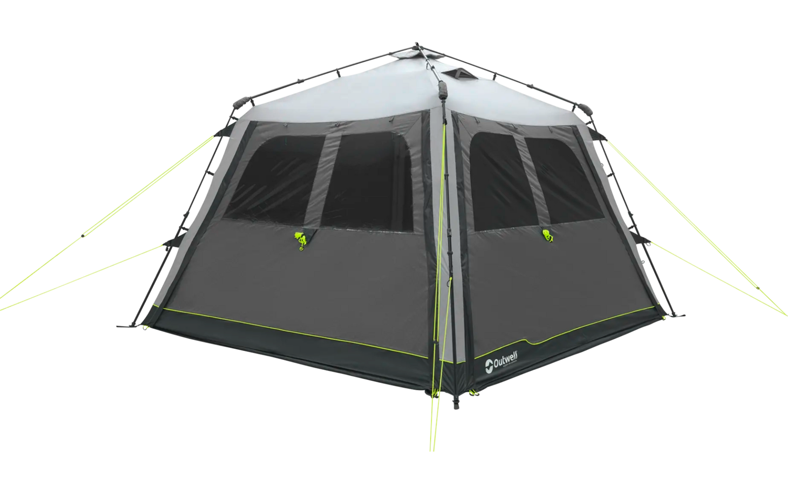 Graues Zelt mit vier Fenstern und grünen Abspannleinen