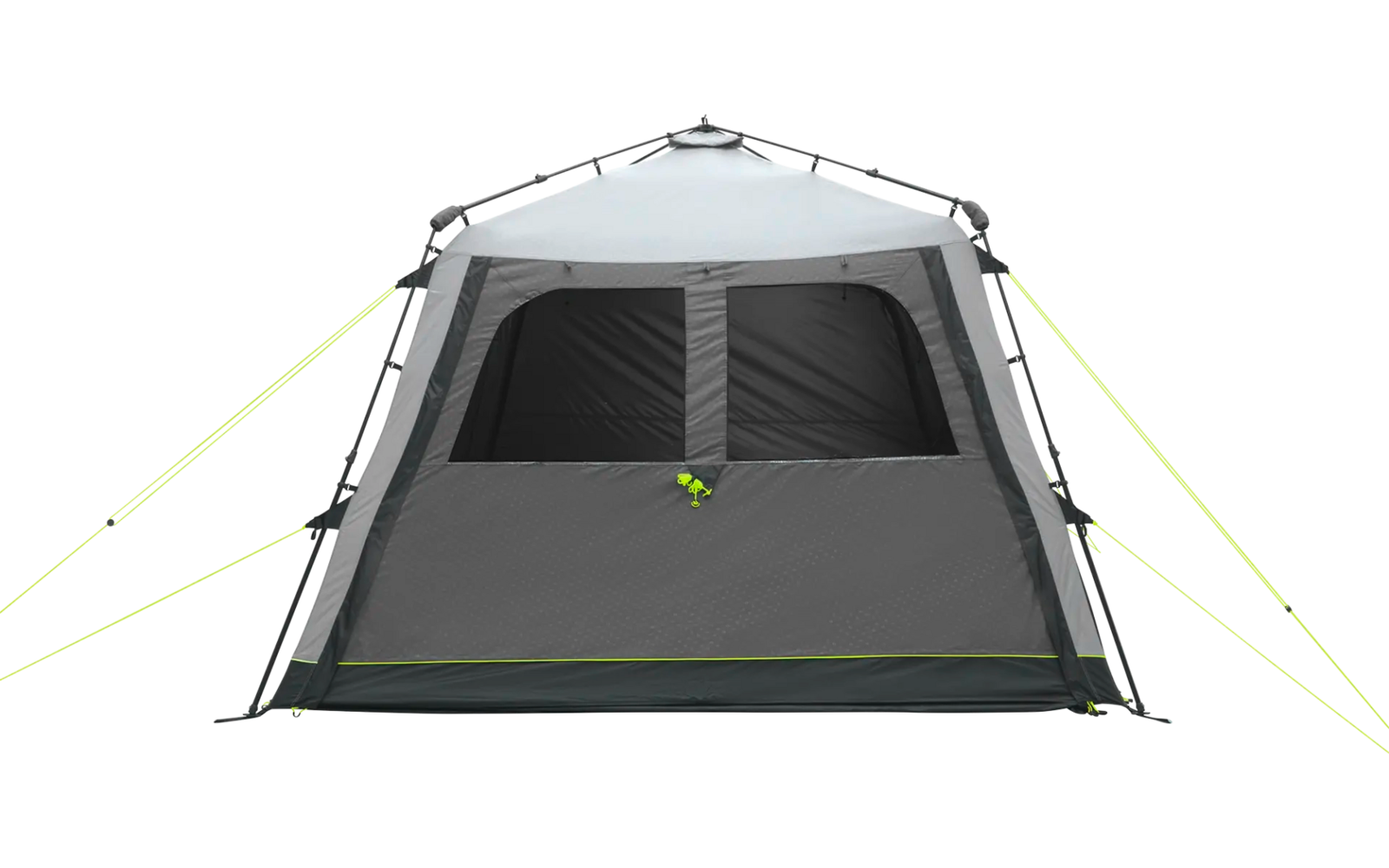 Graues und schwarzes Zelt mit zwei Fenstern, gesichert mit gelben Abspannseilen