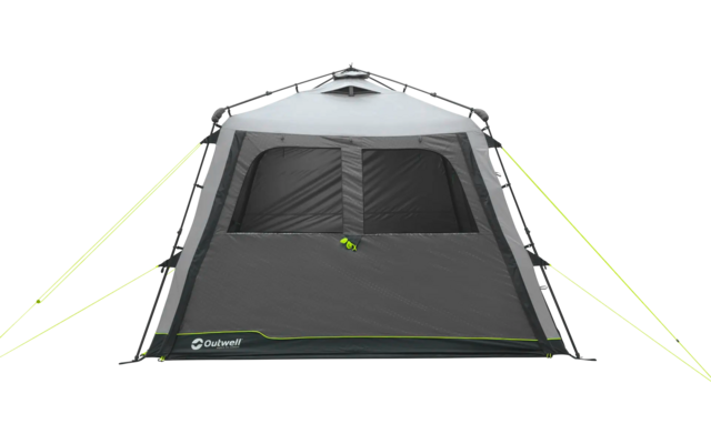 Graues Campingzelt mit zwei Fenstern und grünen Abspannleinen