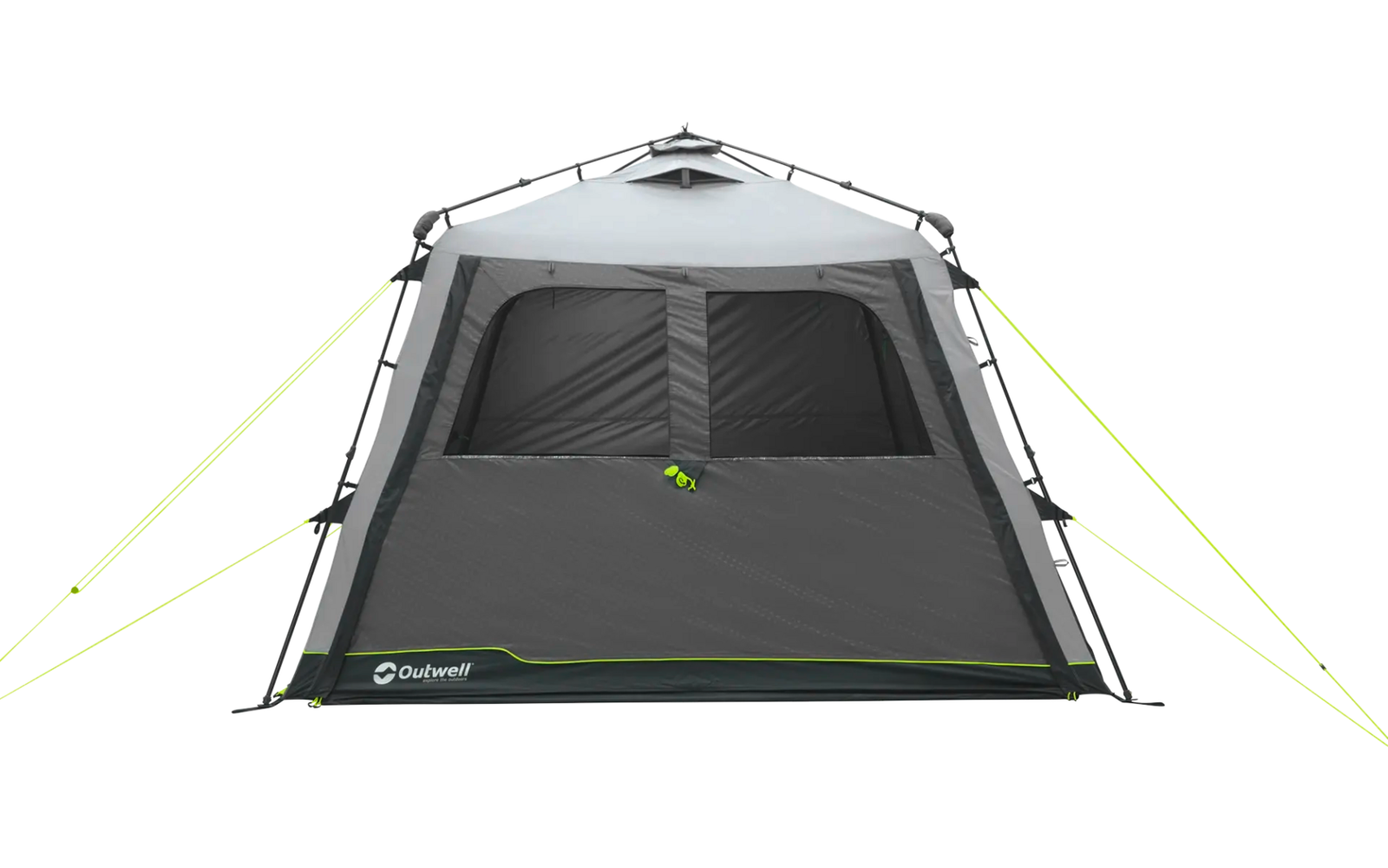 Graues Campingzelt mit zwei Fenstern und grünen Abspannleinen