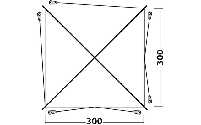 Quadrat mit 300 cm Seitenlänge, eine diagonale Linie von jeder Ecke, vier Spannseile mit Spannern an jeder Seite