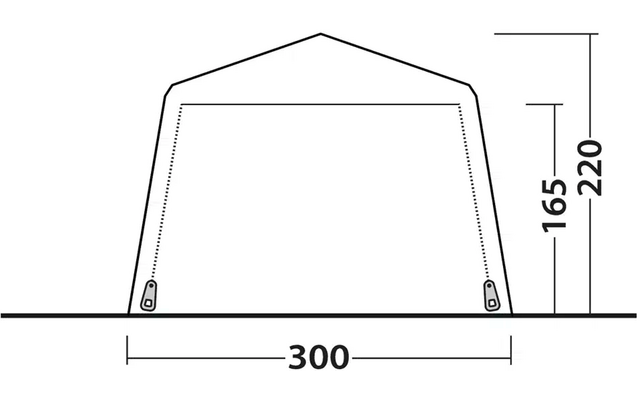 Schwarz-weiße technische Zeichnung eines Zeltes mit Maßen