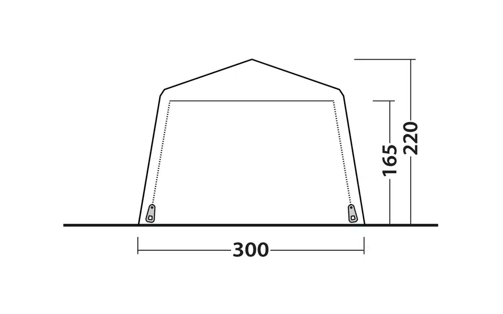 Schwarz-weiße technische Zeichnung eines Zeltes mit Maßen