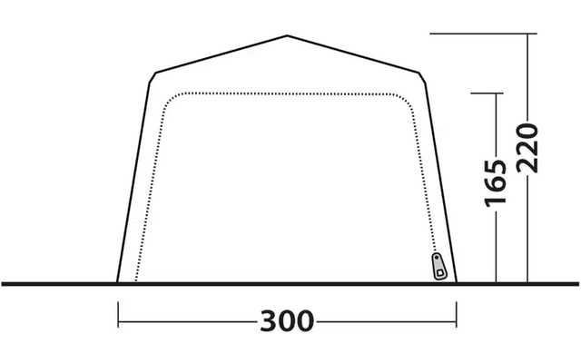Skizze eines Zelts mit den Maßen 300 cm Breite, 220 cm Höhe und 165 cm Innenhöhe