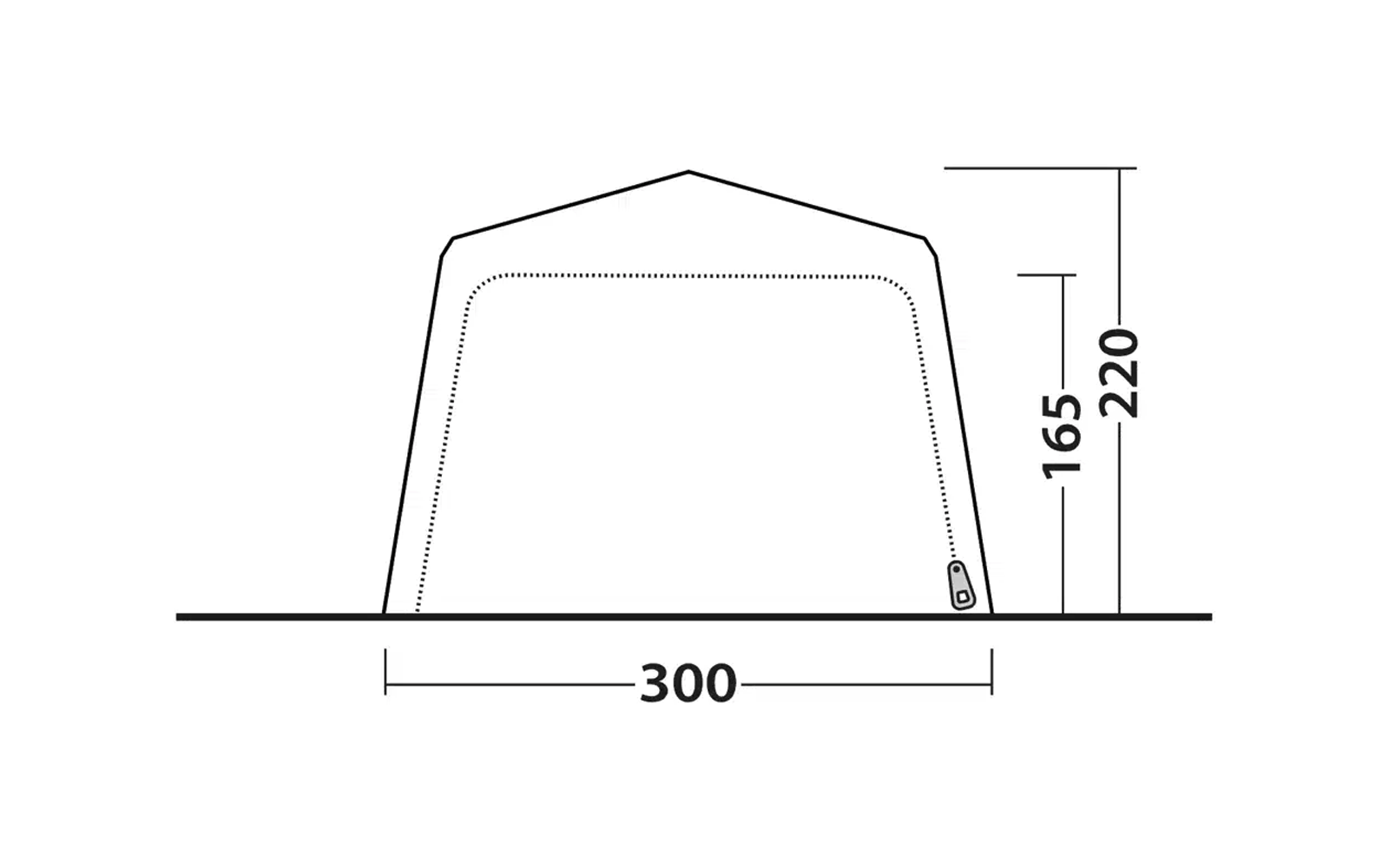 Skizze eines Zelts mit den Maßen 300 cm Breite, 220 cm Höhe und 165 cm Innenhöhe