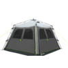 Gray tent with four windows and green guy lines