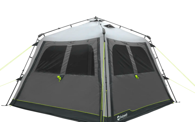 Gray tent with four windows and green guy lines