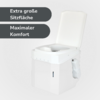 Weißer Toilettenstuhl mit geöffnetem Deckel, rechteckiger Unterbau, Toilettenpapierhalter an der rechten Seite, links zwei graue Textfelder mit 'Extra große Sitzfläche' und 'Maximaler Komfort', heller Hintergrund
